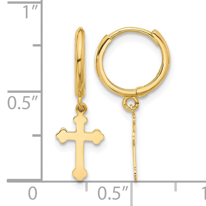 14K Yellow Gold Cross Dangle Hinged Hoop Earrings