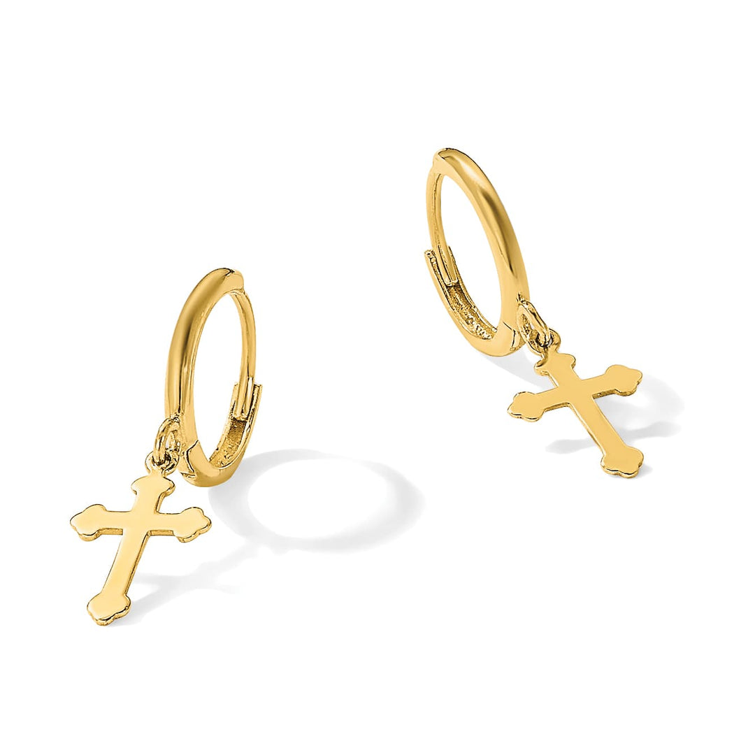 14K Yellow Gold Cross Dangle Hinged Hoop Earrings