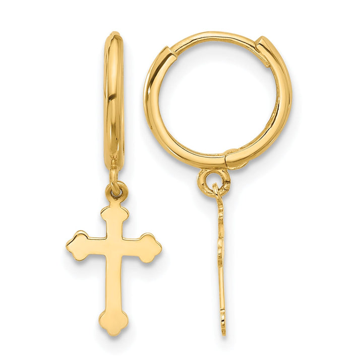 14K Yellow Gold Cross Dangle Hinged Hoop Earrings