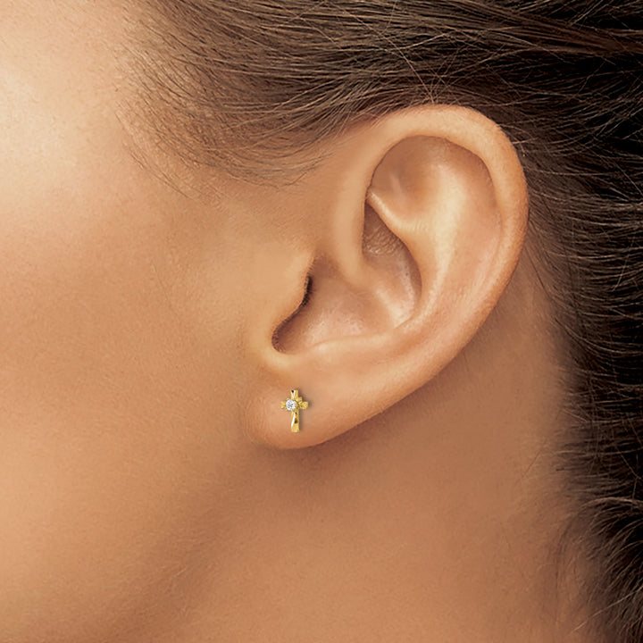14K Yellow Gold Polished D.C. Mini CZ Cross Post Earrings