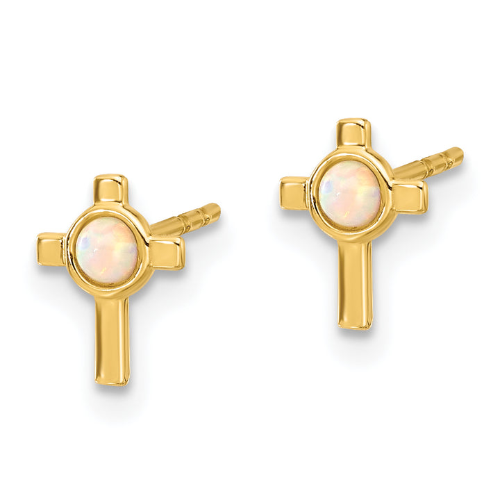 14K Yellow Gold Lab Created Opal Mini Cross Post Earrings