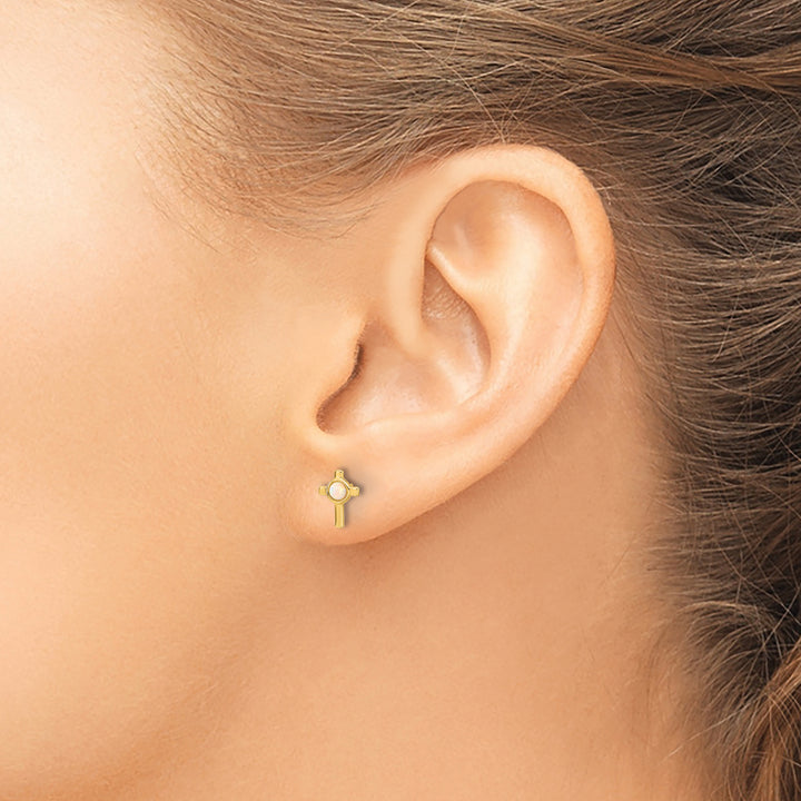 14K Yellow Gold Lab Created Opal Mini Cross Post Earrings