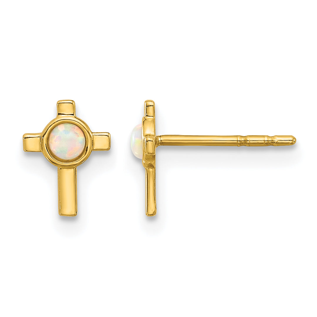 14K Yellow Gold Lab Created Opal Mini Cross Post Earrings