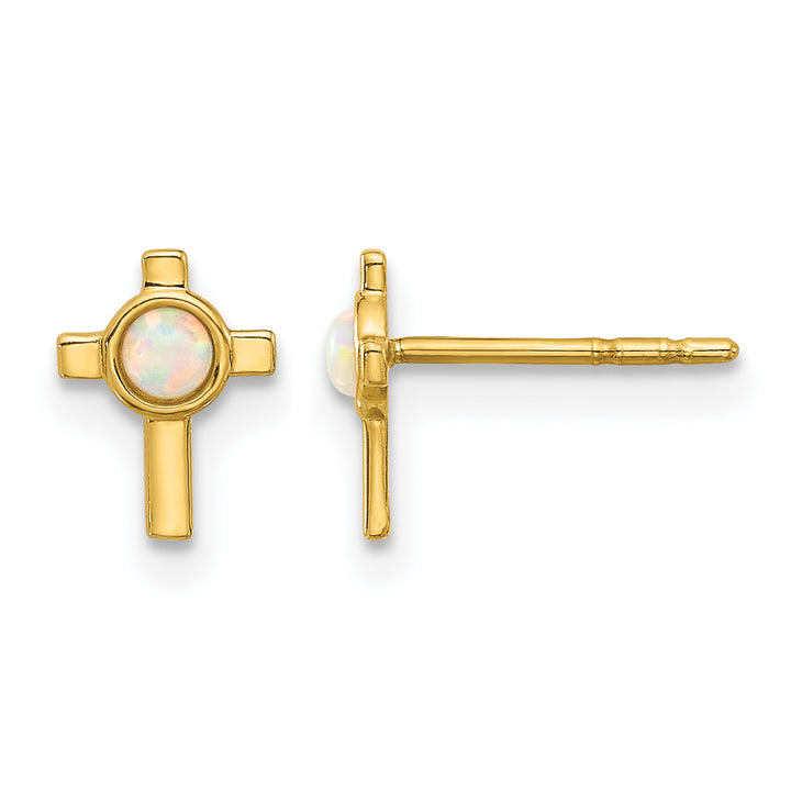 14K Yellow Gold Lab Created Opal Mini Cross Post Earrings