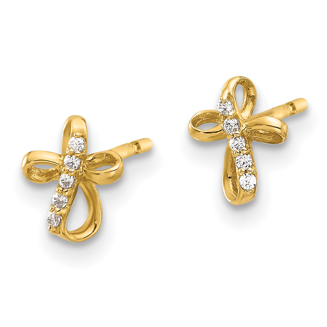 14K Yellow Gold Mini CZ Cross Post Earrings