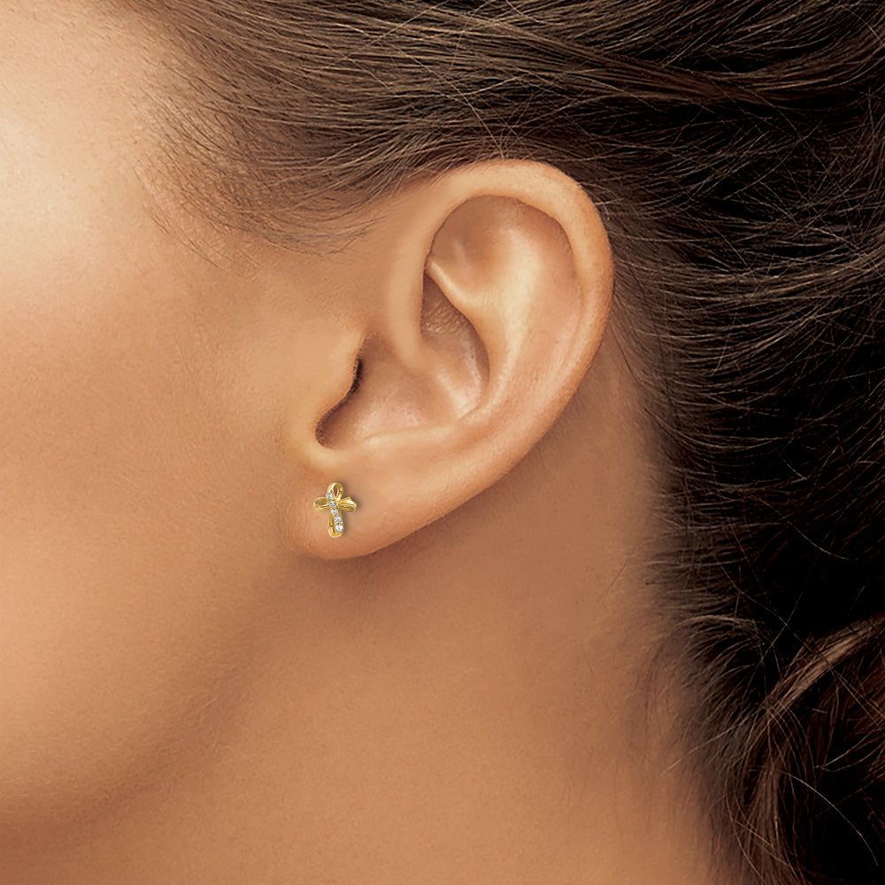 14K Yellow Gold Mini CZ Cross Post Earrings