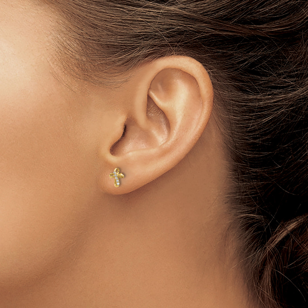 14K Yellow Gold Mini CZ Cross Post Earrings