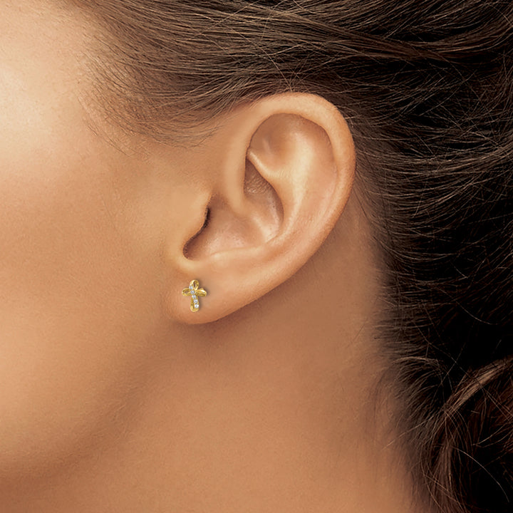 14K Yellow Gold Mini CZ Cross Post Earrings