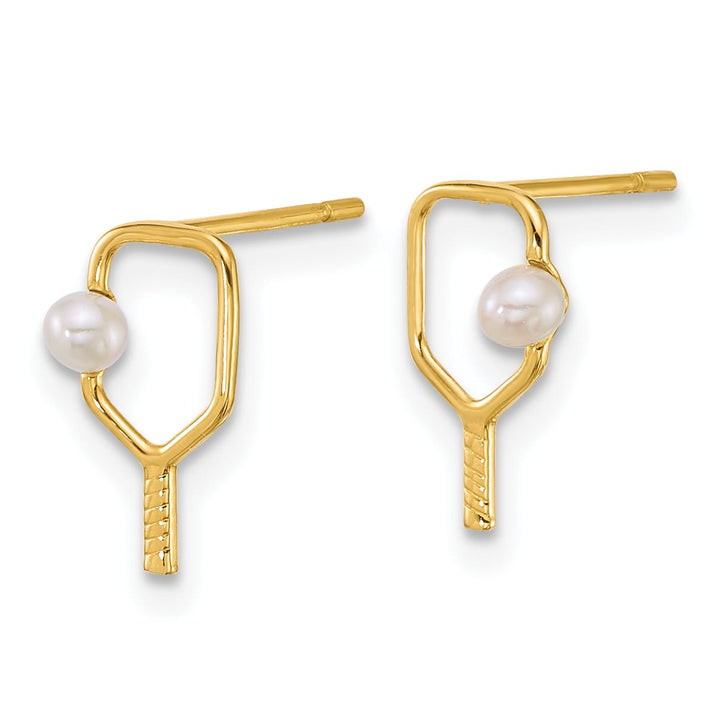 14K Yellow Gold Cultured Pearl and Pickleball Paddle Post Earrings