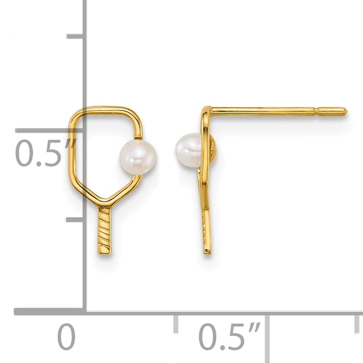 14K Yellow Gold Cultured Pearl and Pickleball Paddle Post Earrings