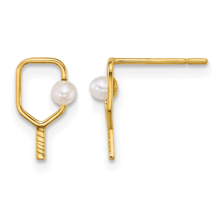 14K Yellow Gold Cultured Pearl and Pickleball Paddle Post Earrings