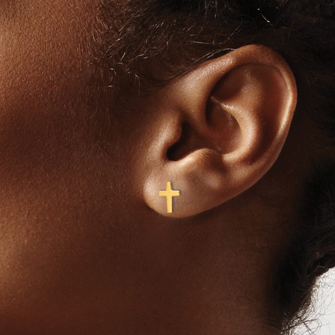 14K Yellow Gold Polished Latin Cross Post Earrings