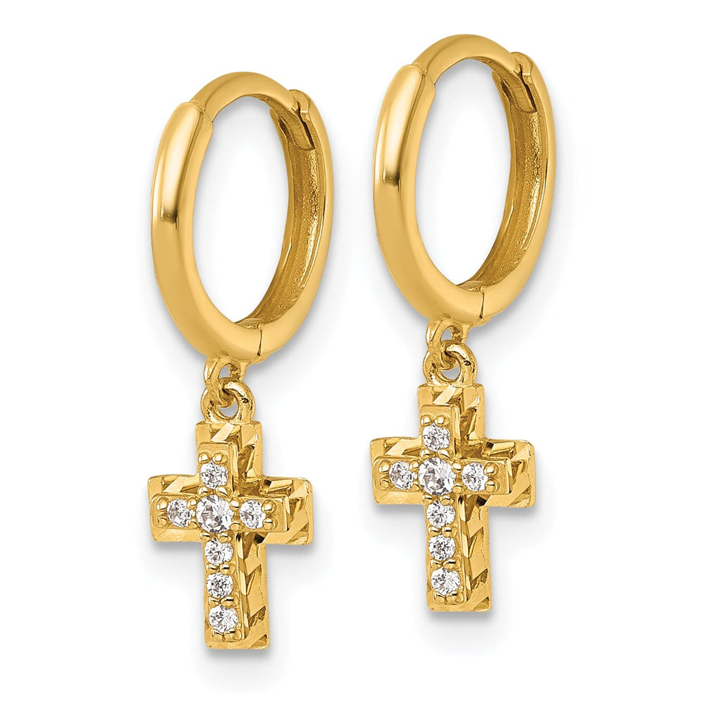 14K Yellow Gold D.C. Dangling CZ Cross Hinged Hoop Earrings