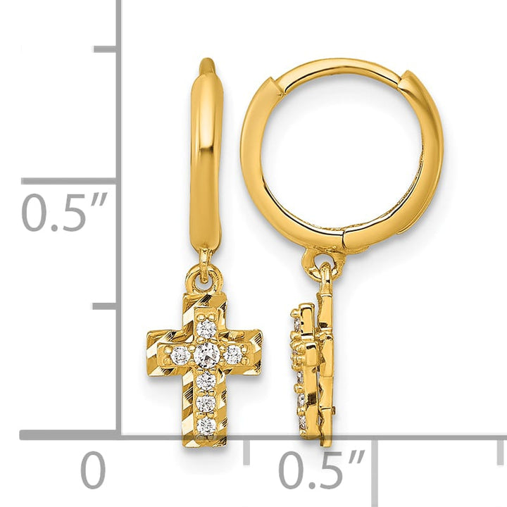 14K Yellow Gold D.C. Dangling CZ Cross Hinged Hoop Earrings