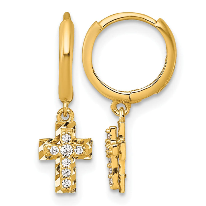 14K Yellow Gold D.C. Dangling CZ Cross Hinged Hoop Earrings