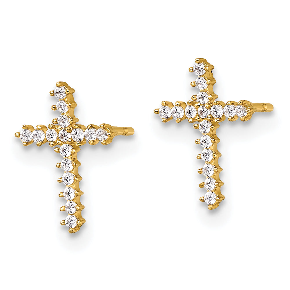 14K Yellow Gold Polished CZ Latin Cross Post Earrings