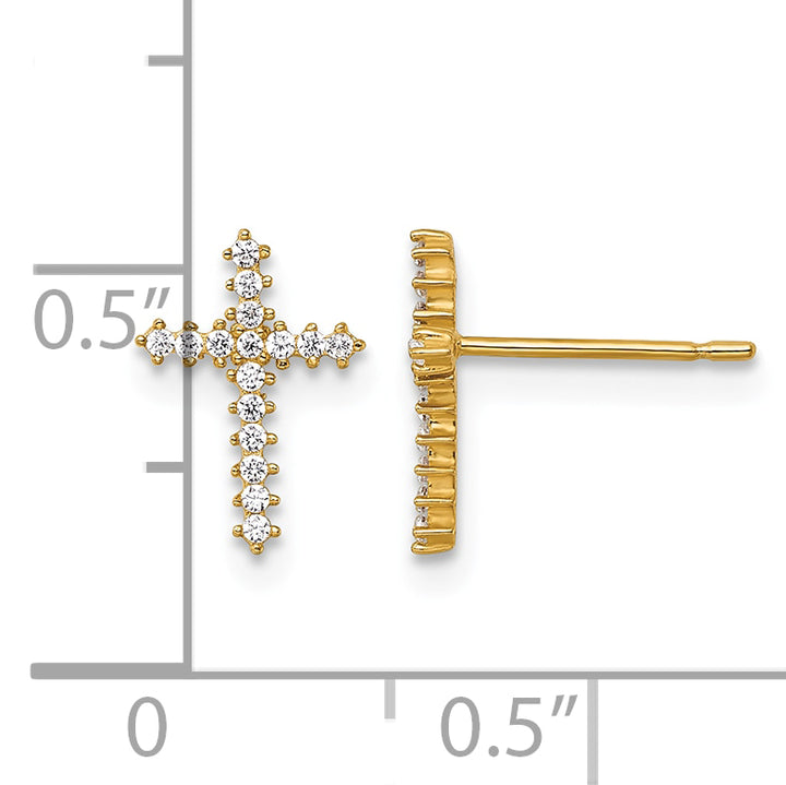 14K Yellow Gold Polished CZ Latin Cross Post Earrings