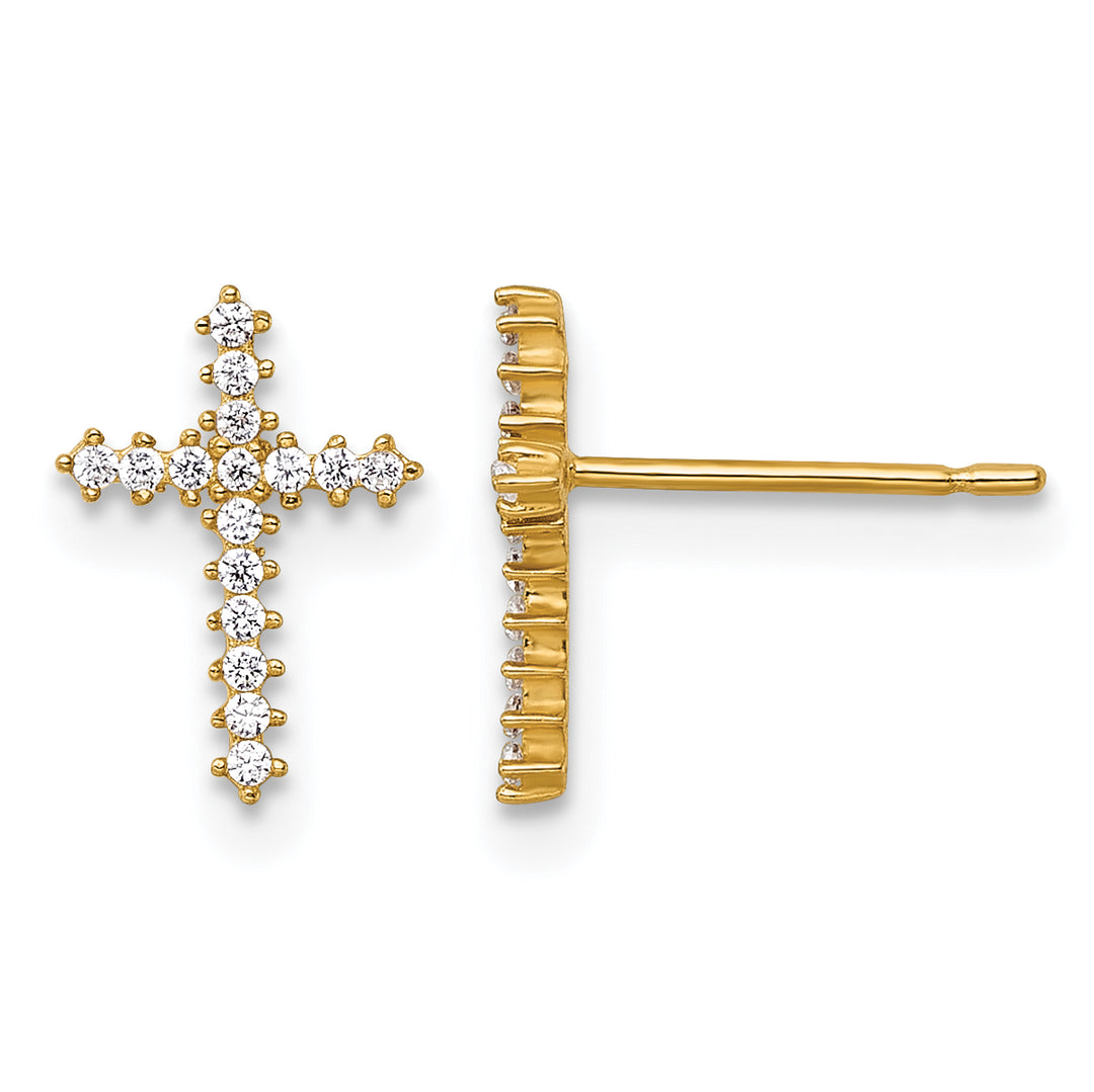 14K Yellow Gold Polished CZ Latin Cross Post Earrings