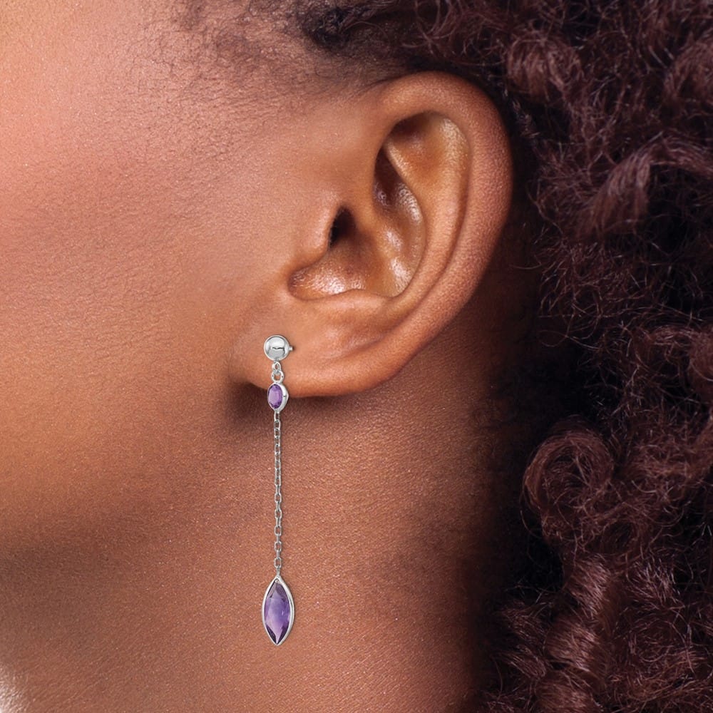 14K White Gold Amethyst Chain Post Dangle Earrings, view 3 of 4
