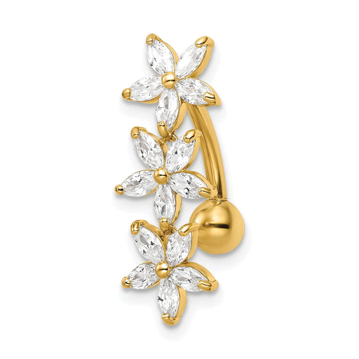 Lovely Rita's Body Jewelry 14k Gauge CZ 3 Flowers Dangle Belly Ring