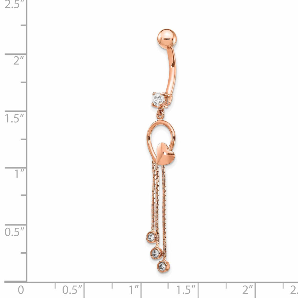 Lovely Rita's Body Jewelry 14k Rose Gold 14 Gauge CZ Heart 3-Chain Dangle Belly Ring