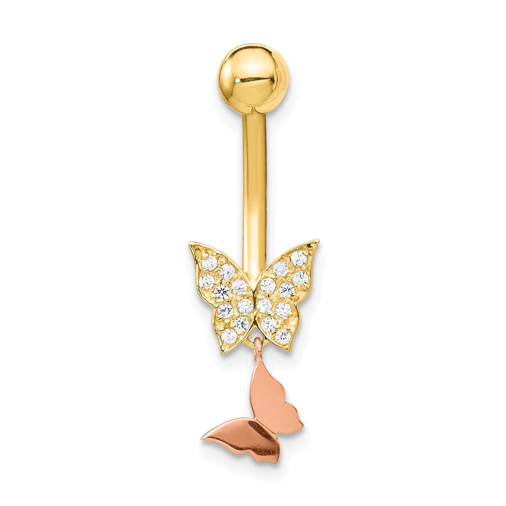 Lovely Rita's Body Jewelry 14k Two-tone 14 Gauge Double CZ Butterfly Dangle Belly Ring