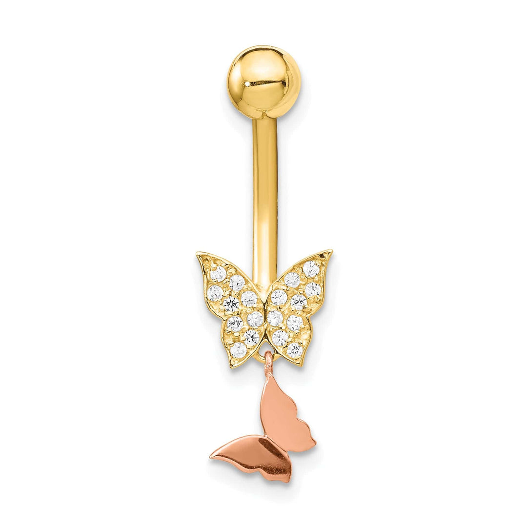 Lovely Rita's Body Jewelry 14k Two-tone 14 Gauge Double CZ Butterfly Dangle Belly Ring