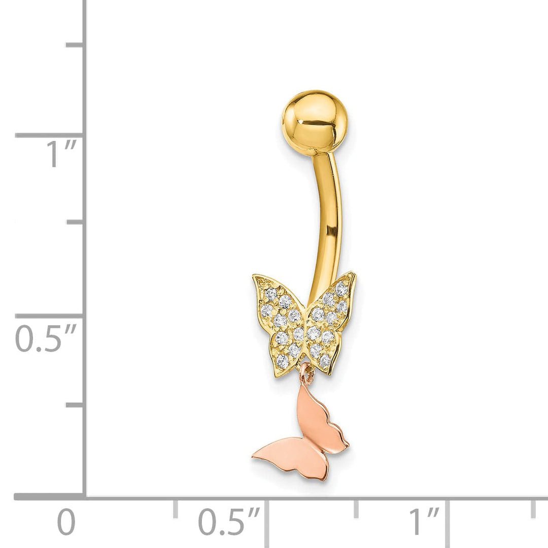 Lovely Rita's Body Jewelry 14k Two-tone 14 Gauge Double CZ Butterfly Dangle Belly Ring