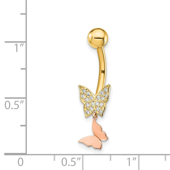 Lovely Rita's Body Jewelry 14k Two-tone 14 Gauge Double CZ Butterfly Dangle Belly Ring