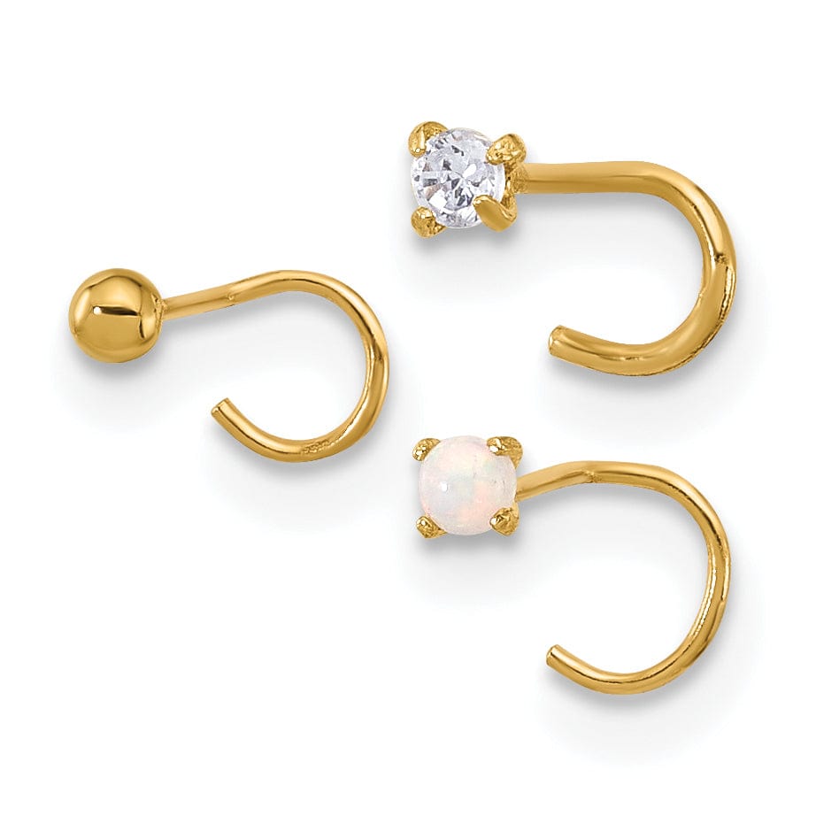 Lovely Rita's Body Jewelry 14k Yellow Gold  22 Gauge CZ, Synthetic Opal Ball Nose Post Set