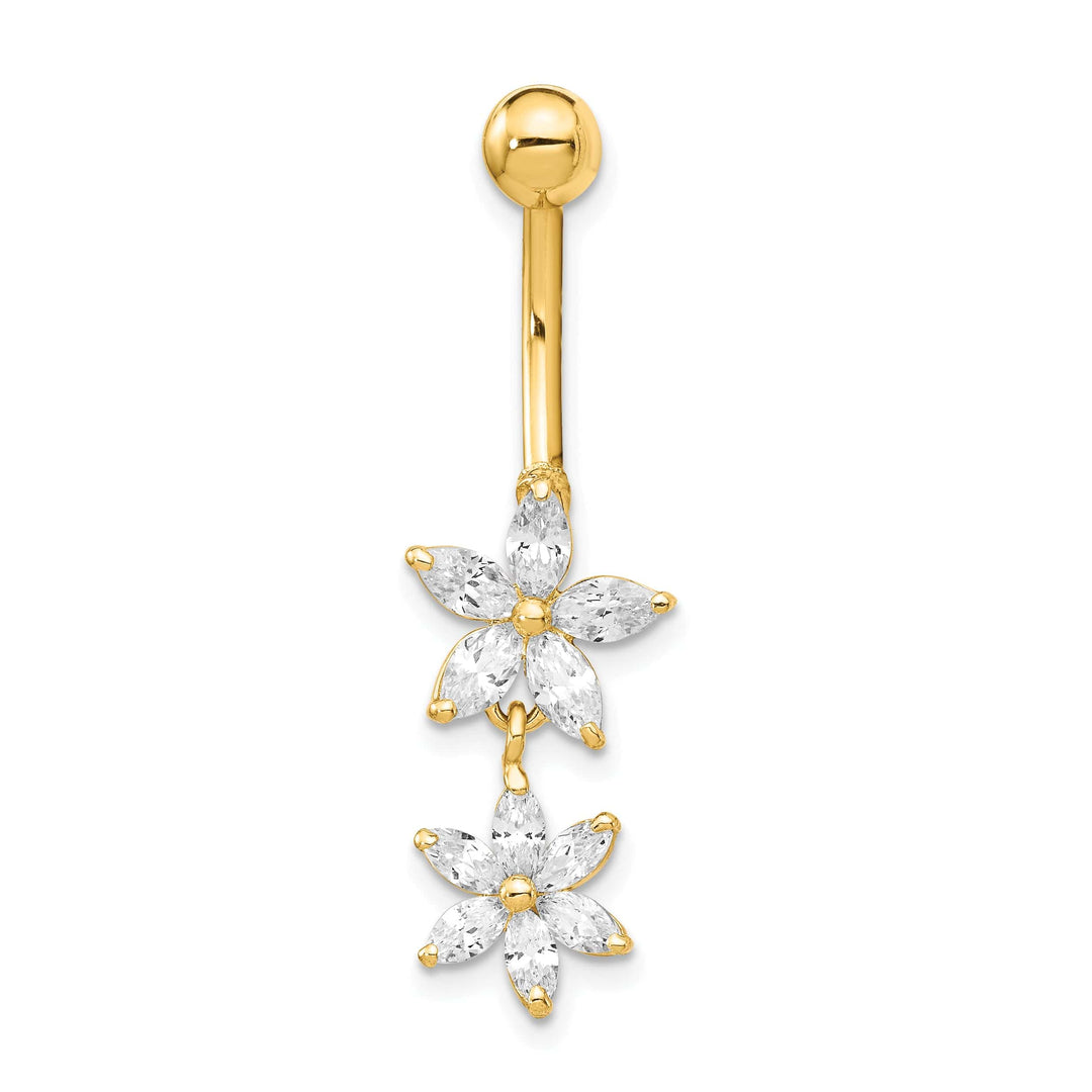Lovely Rita's Body Jewelry 14k Yellow Gold Gauge CZ 2-Flower Dangle Belly Ring