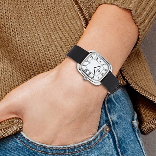 Charles Hubert Ladies Elegant Square Face Black SS Leather Band Watch