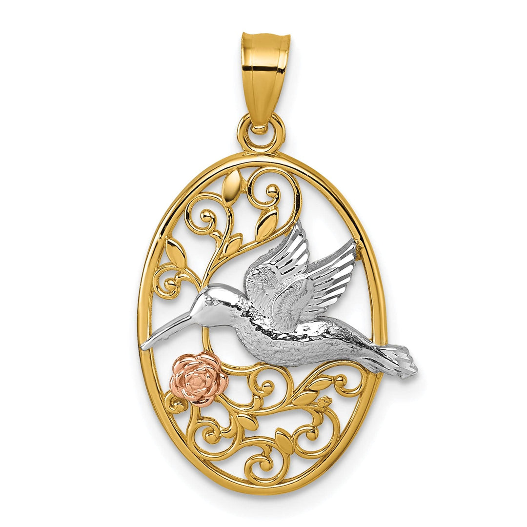 Lovely Rita's Charms & Pendants 14k TI-Color Gold Hummingbird Flower Filigree Oval Pendant