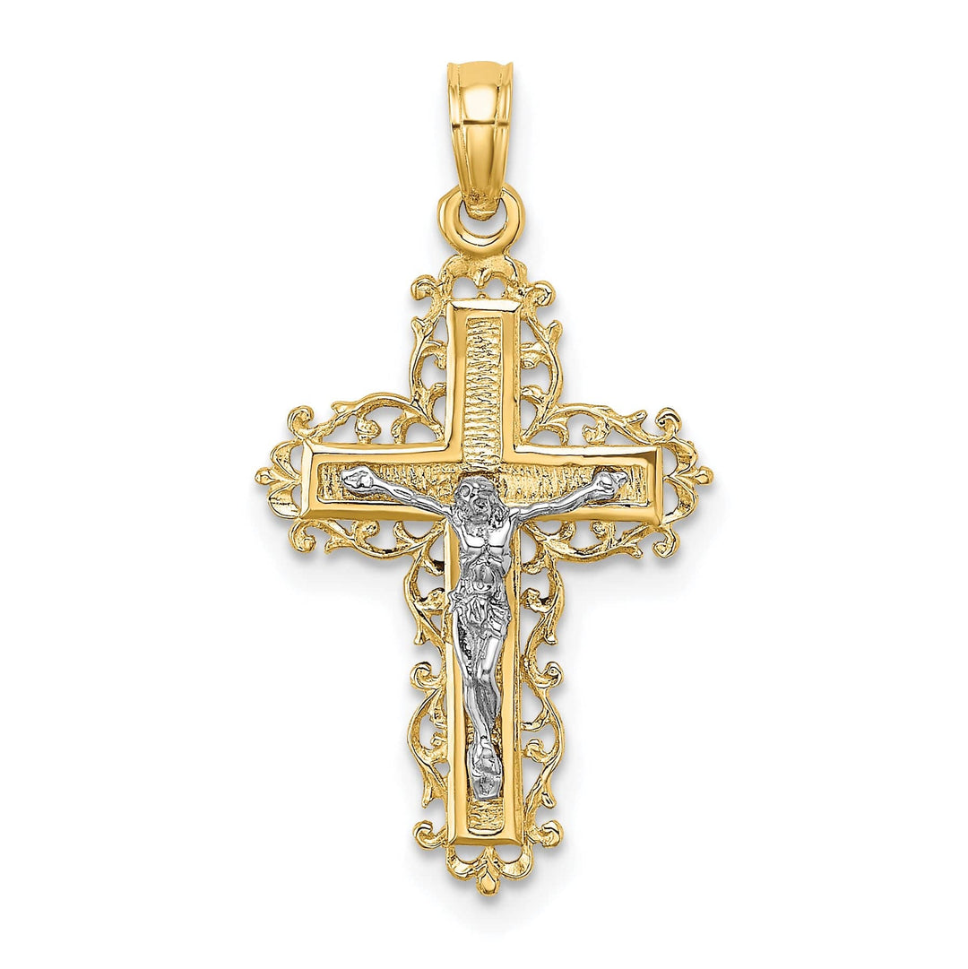 Lovely Rita's Charms & Pendants 14K Two-Tone Gold Classic Lace Trim Fleur de Lis Cross Pendant