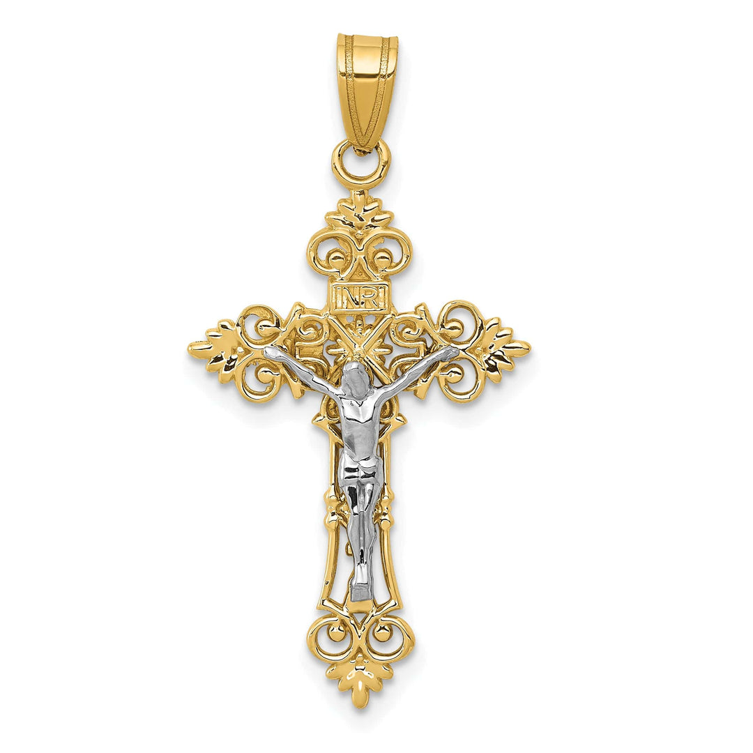 Lovely Rita's Charms & Pendants 14K Two-Tone Gold Classic Medium Lacy-Edge Inri Crucifix Cross Pendant