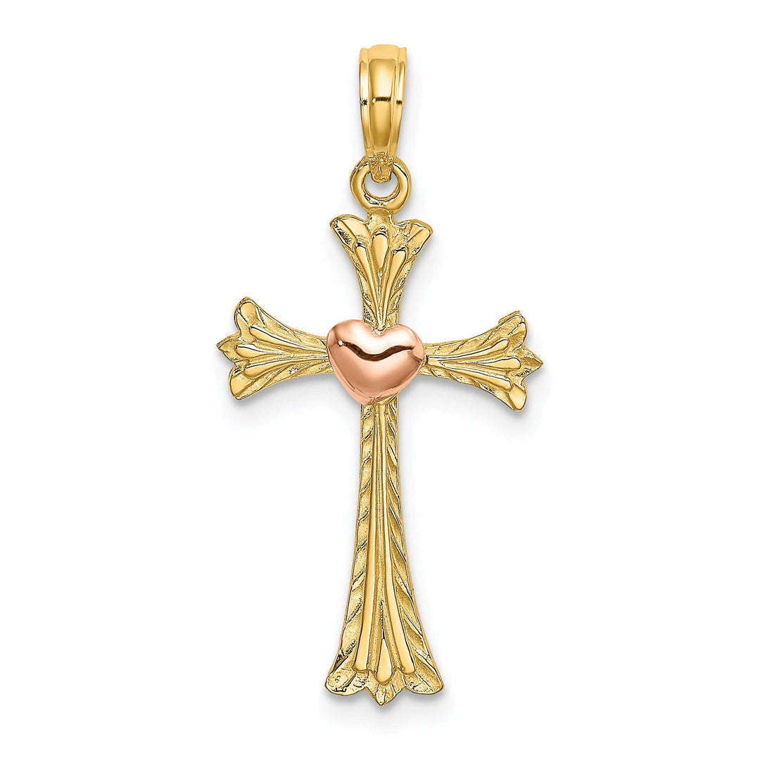 Lovely Rita's Charms & Pendants 14K Two-Tone Gold Classic Textured Heart Fleur de Lis Cross Pendant