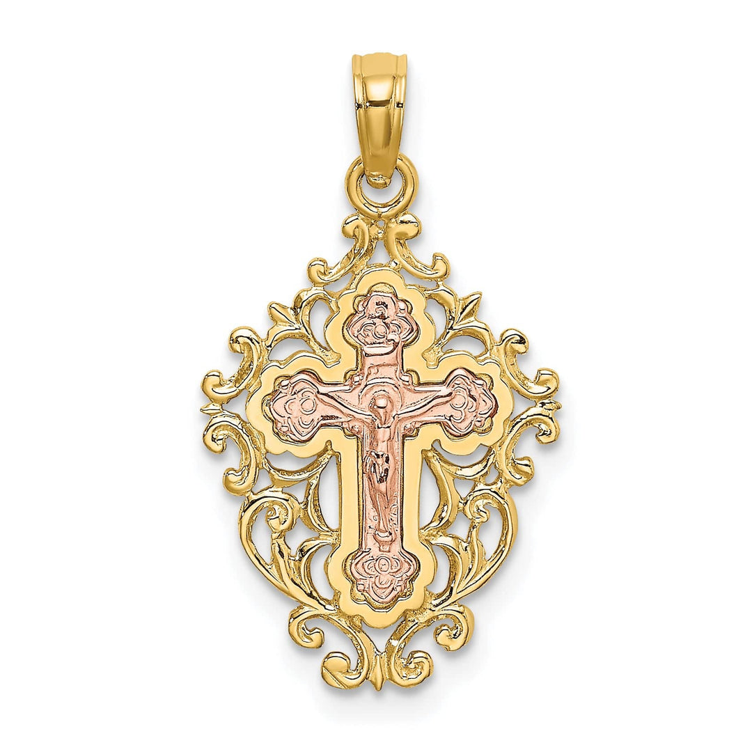 Lovely Rita's Charms & Pendants 14K Two-Tone Gold Contemporary Lace Trim Fleur de Lis Cross Pendant