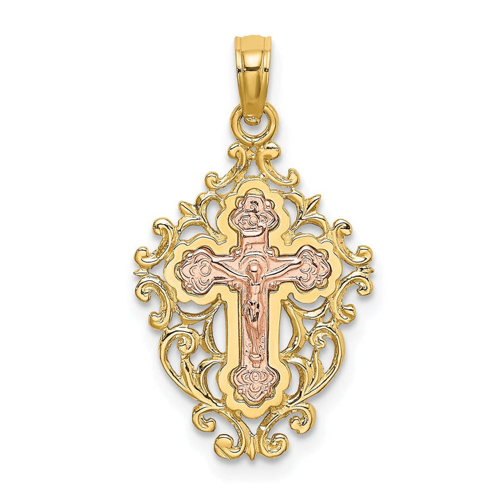 Lovely Rita's Charms & Pendants 14K Two-Tone Gold Contemporary Lace Trim Fleur de Lis Cross Pendant