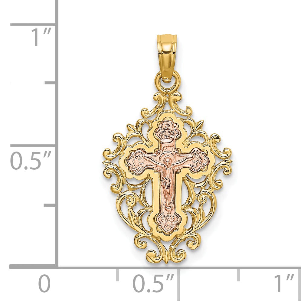 Lovely Rita's Charms & Pendants 14K Two-Tone Gold Contemporary Lace Trim Fleur de Lis Cross Pendant