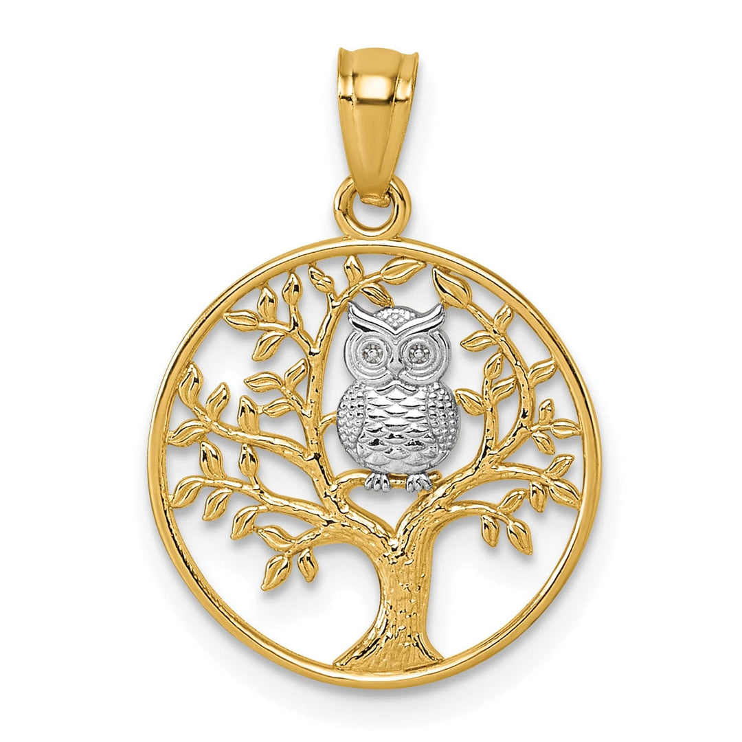 Lovely Rita's Charms & Pendants 14k Two Tone Gold Owl Sitting In Tree In Circle Design Pendant