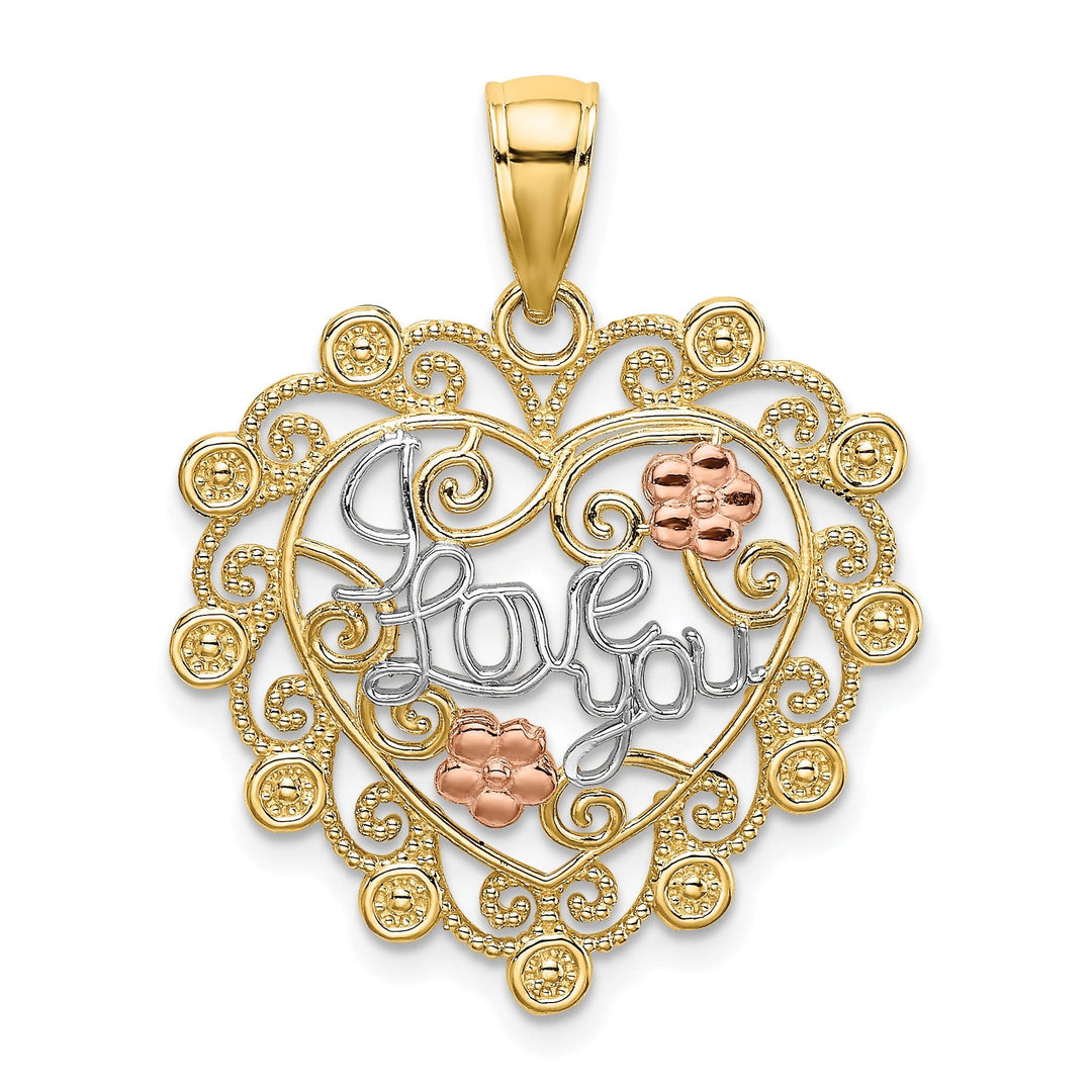 Lovely Rita's Charms & Pendants 14k Two Tone Gold Rhodium I LOVE YOU Filigree Heart Flower Pendant