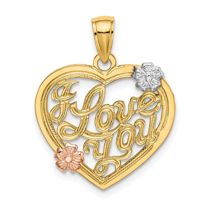Lovely Rita's Charms & Pendants 14k Two Tone Gold Rhodium I LOVE YOU Heart Flowers Pendant