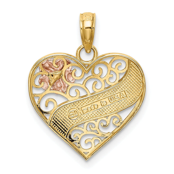 Lovely Rita's Charms & Pendants 14k Two Tone Gold Rhodium LOVE Banner on Filigree Heart Pendant