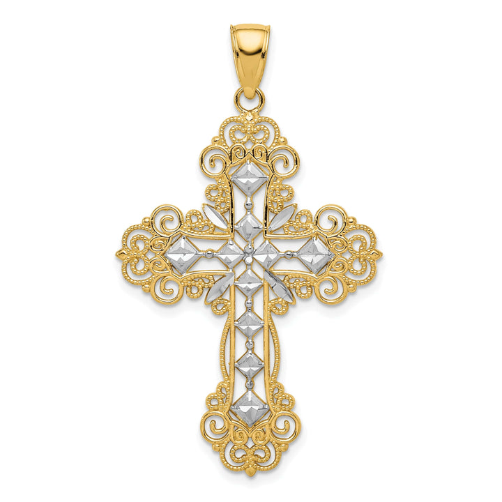 Lovely Rita's Charms & Pendants 14K Two-Tone Gold Textured Diamond-Pattern Filigree Cross Pendant