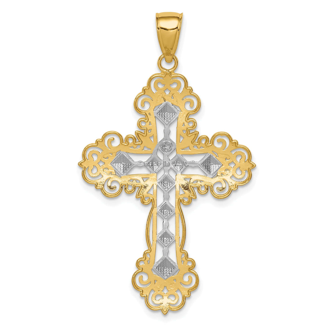 Lovely Rita's Charms & Pendants 14K Two-Tone Gold Textured Diamond-Pattern Filigree Cross Pendant