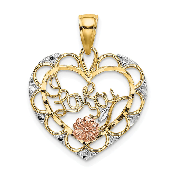 Lovely Rita's Charms & Pendants 14k Two Tone Gold White Rhodium I LOVE YOU Heart Flower Pendant