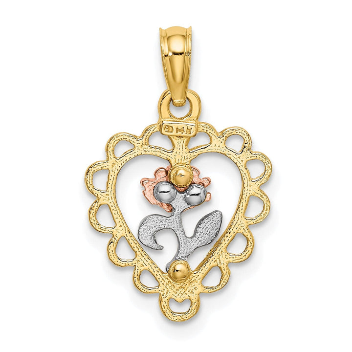 Lovely Rita's Charms & Pendants 14k Two-tone White Rhodium Heart wth Rose and Lace Trim Pendant