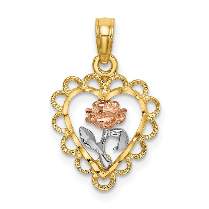 Lovely Rita's Charms & Pendants 14k Two-tone White Rhodium Heart wth Rose and Lace Trim Pendant