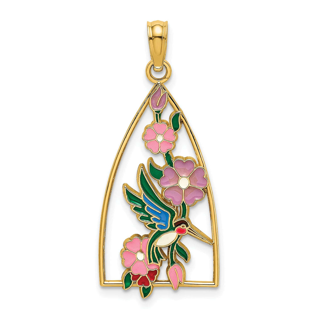 Lovely Rita's Charms & Pendants 14K Yellow Gold Hummingbird Flowers Triangle Design Pendant