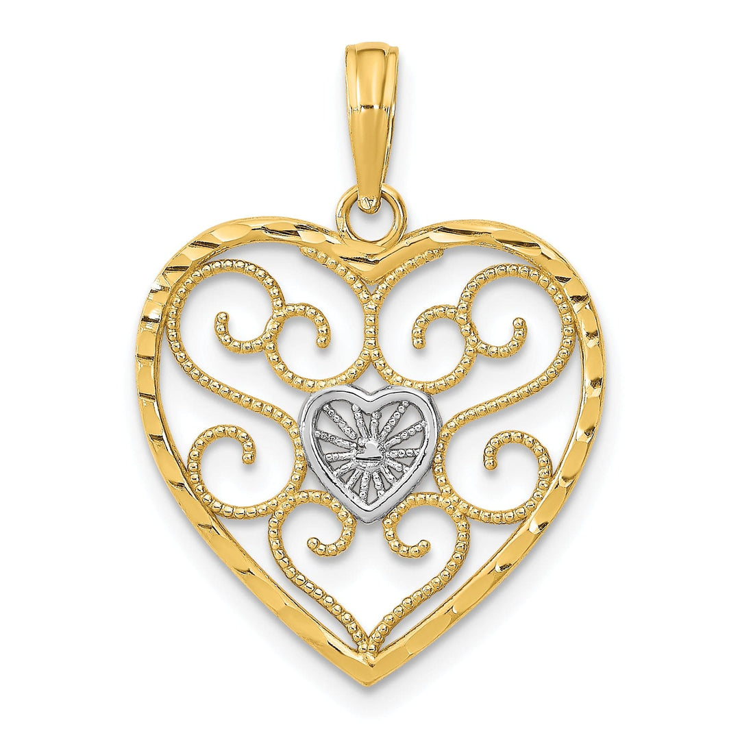 Lovely Rita's Charms & Pendants 14k Yellow Gold Rhodium Filigree Beaded Heart Pendant